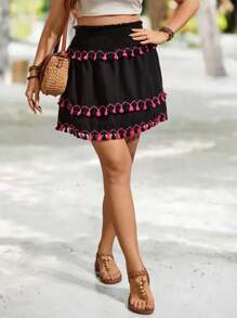 Breezaya Plus Größe Hohe Taille Asymmetrische Farbblock Quaste Rock