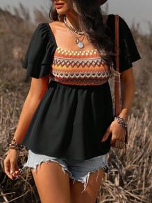 SHEIN LUNE Women's Geometric Printed Ruffled Short Sleeve Blouse - Black - View 7