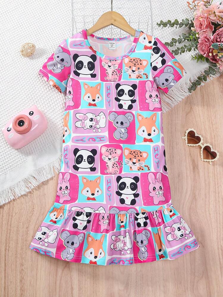 Young Girl's New Cute Animal Patterned Full-Length Sleep Dress For Home
