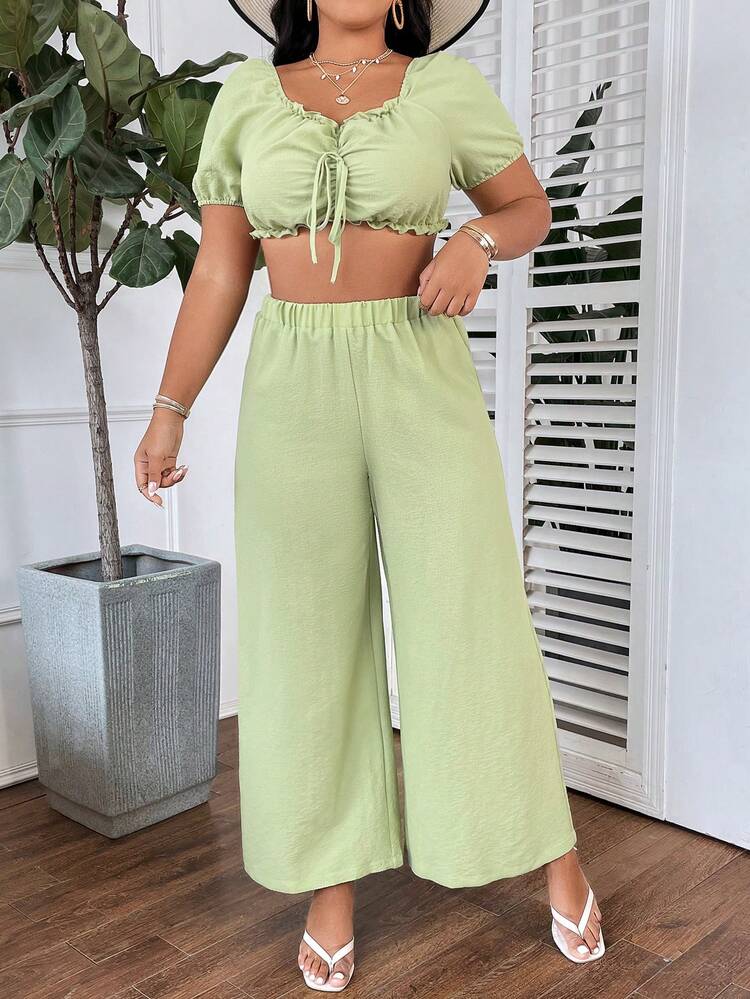 Plus Size Solid Color Short Sleeve Top With Frill Trim And High Waisted Wide Leg Pants, 2pcs/Set For Summer