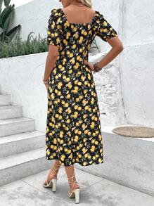 Breezaya Vestido Con Cuello Cuadrado Y Corte En La Falda Con Estampado De Limones - Negro - Ver 2