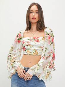 Enchnt Summer Women's Floral Print Square Neckline Ruffle Hem Bell Sleeve Cropped Blouse
