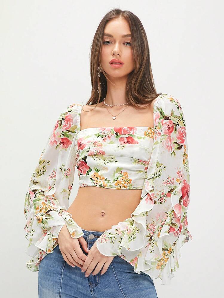 Summer Women's Floral Print Square Neckline Ruffle Hem Bell Sleeve Cropped Blouse