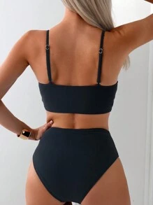 SHEIN Swim Set de bikini unicolor, playa de verano - Negro - Ver 2