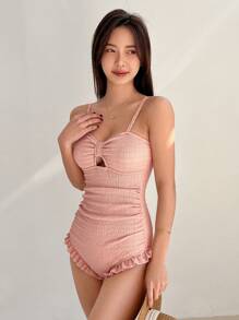 DAZY Bộ đồ bơi liền mảnh họa tiết màu trơn dành cho nữ có dây mảnh mùa hè - Hồng - Xem 1