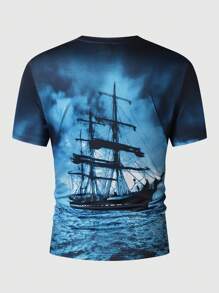 Manfinity Homme Men Nautical Ship Print Round Neck Short Sleeve T-Shirt, For Going Out, For Friends - Blue - View 2