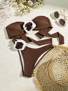 SHEIN Swim 女性配色3d花朵設計綁背比基尼套裝,兩件式游泳服泳衣沙灘裝,適用於夏季假期 - 咖啡棕 - 查看 6