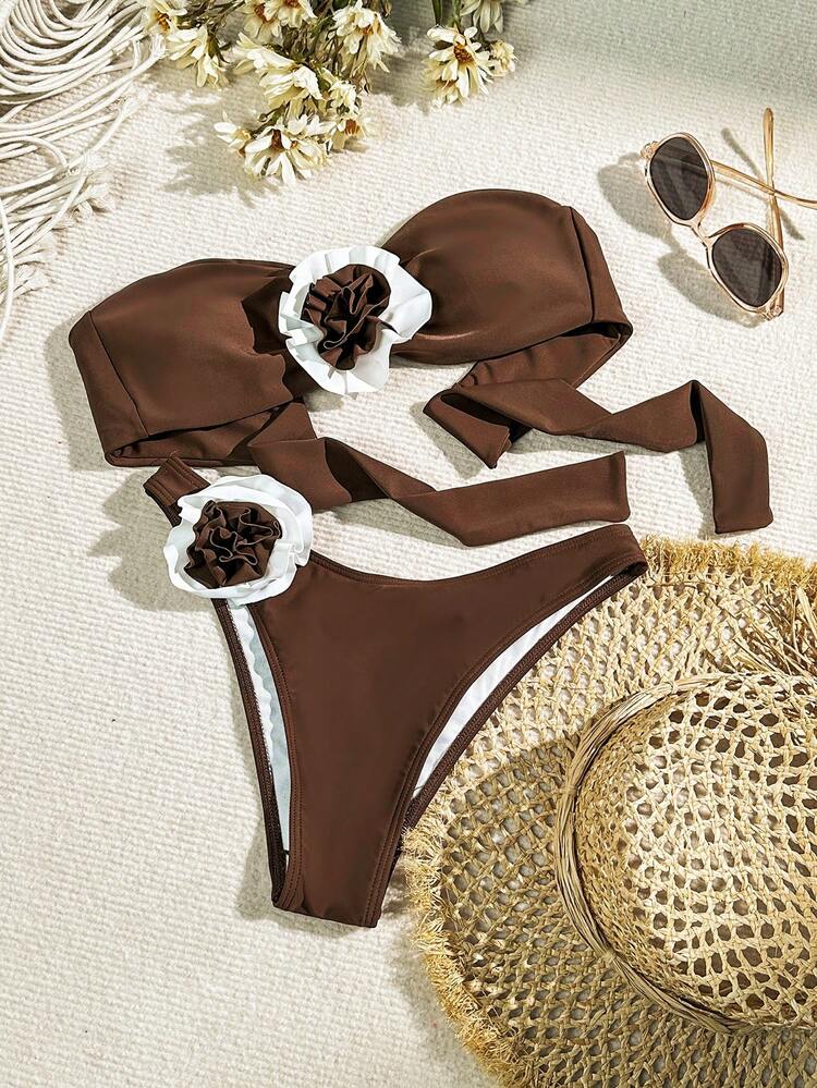 Women's Colorblocking 3d Flower Design Tie Back Bikini Set, Bandeau Two Piece Swimwear Bathing Suit Beach Outfit Summer Vacation