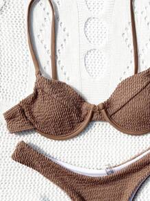 SHEIN Swim Solid Color Textured Split Bikini Set With Steel Support, Summer Beach - Brown - View 4