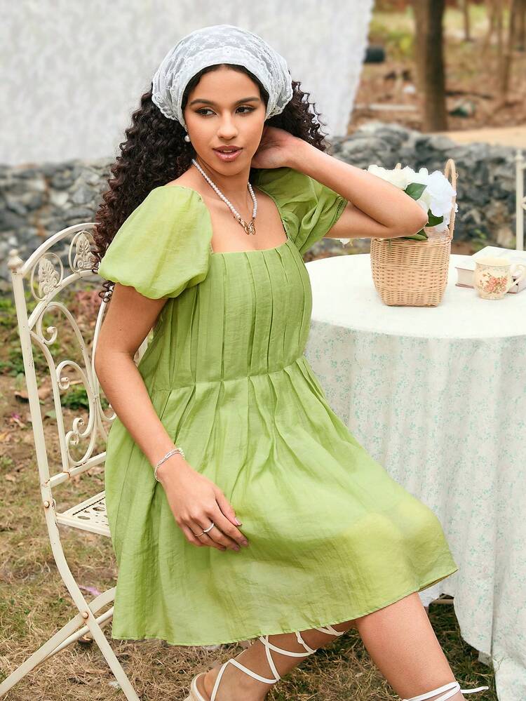 Solid Color Square Neck Bubble Sleeve Dress