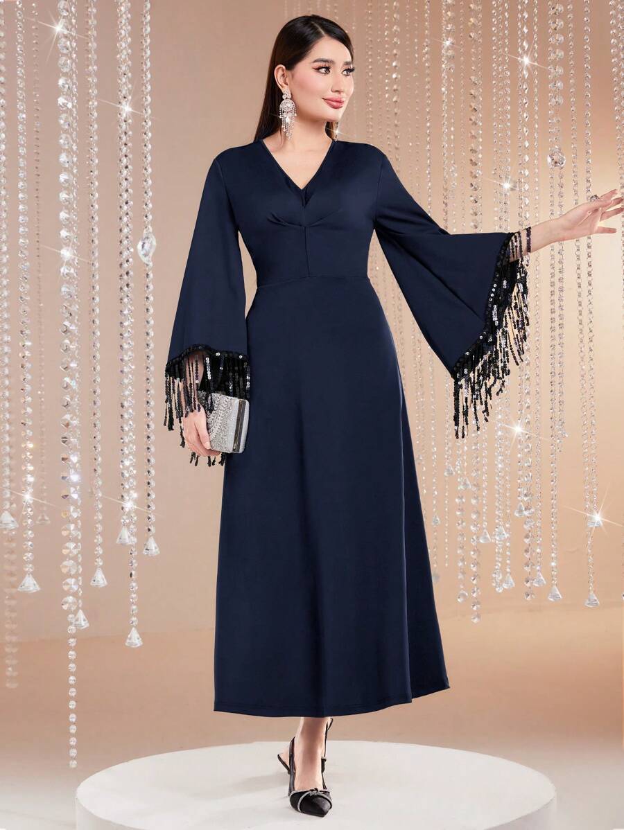 Modelyn 女士亮片拼接波浪袖阿拉伯風連衣裙