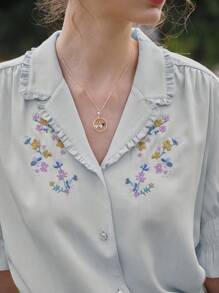 Simple Retro 女士花卉刺绣绿色V领衬衫夏装女装温柔气质通勤办公室面试法式优雅 - 藍色 - 查看 3