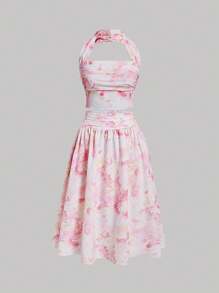 SHEIN MOD Plus Size Women's Tie Neck Tank Top And Long Skirt, Ombre Floral Print Romantic Beach Vacation Style 2pcs/Set - Pink - View 1
