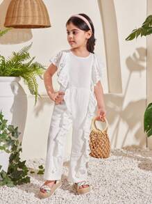 SHEIN Young Girl Lovely Light Palace Style Round Neck Ruffle Trim Jumpsuit - White - View 2