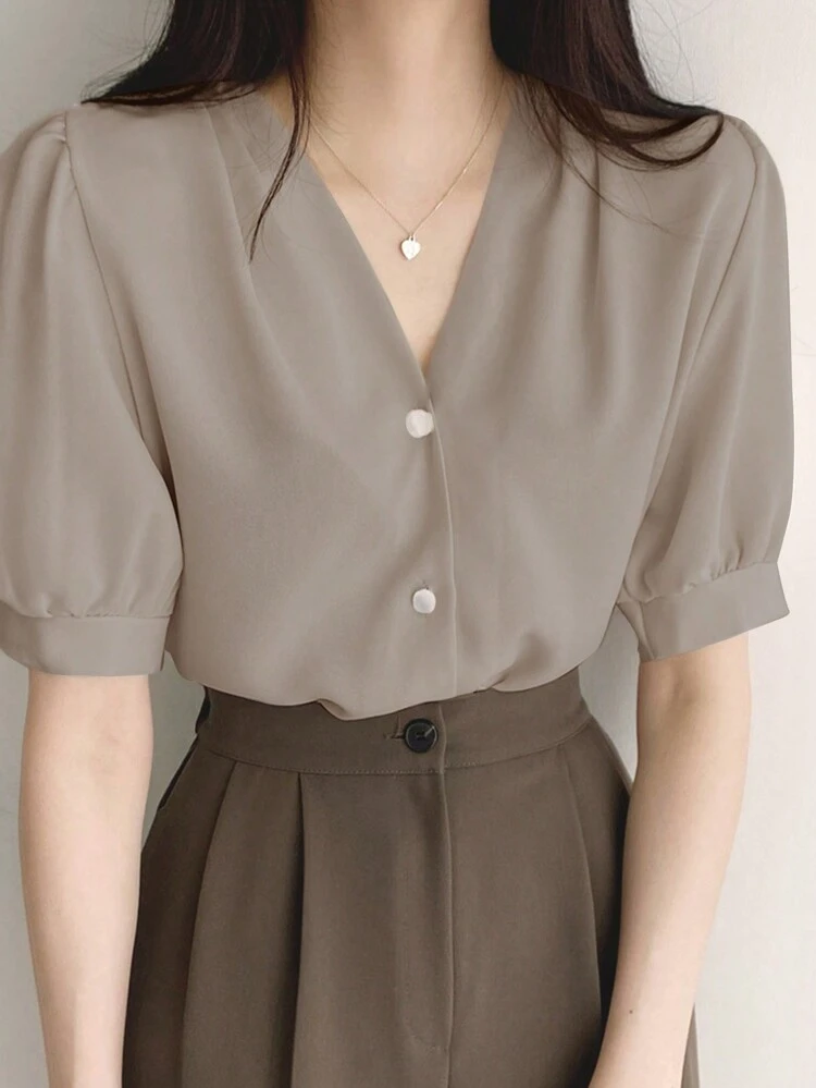 Solid Color V-Neck Front Button Short-Sleeve Shirt,Business Casual Women