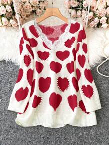SHEIN LUNE Plus Size Women's Lace Patchwork Heart Pattern Sweater