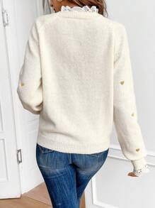 SHEIN Frenchy Women's Heart Embroidery Lace Patchwork Raglan Sleeve Lace Trim Collar Detail Sweater In Fall/Winter Thanks Giving Casual - Yellow - View 2