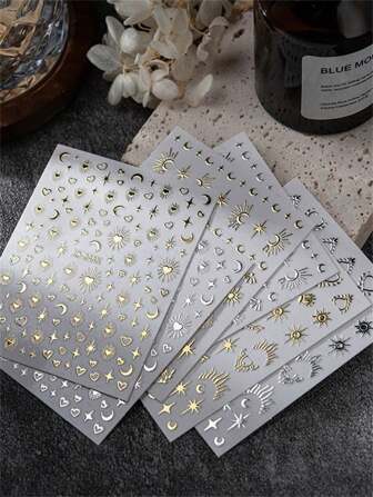 6片波西米亞風格美甲貼紙，內含星星、月亮、圖案和心形圖案，DIY創意