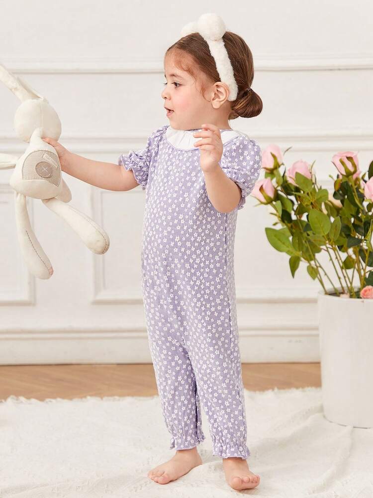 Baby Girl Cute And Elegant Knitting Jumpsuit With Lotus Leaf Collar And Bubble Short Sleeve, Home Wear