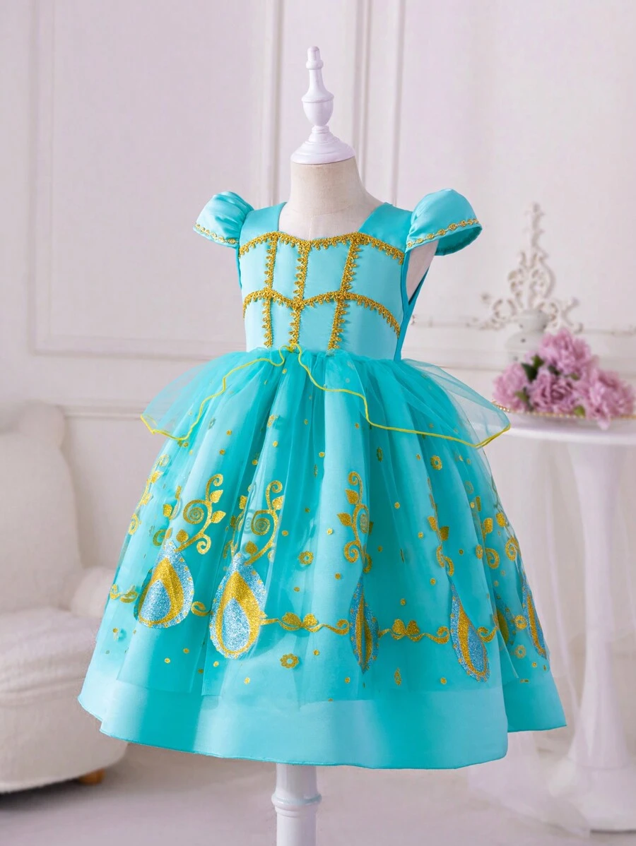 Young Girls Glitter Print Princess Party Dress, Suitable For Birthday, Wedding And Stage Performances - Green - View 1
