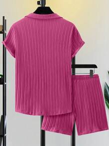 Manfinity Homme Camisa De Manga Corta Con Cuello En Contraste Liso Y Pantalones Cortos Para Hombre, 2 Piezas/set - Rosa Fucsia - Ver 2