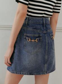 DAZY 高腰帶有口袋的女士牛仔裙,a字型款式 - 藍色 - 查看 2