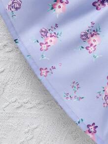 Baby Girl Square Neckline Floral Print Puff Sleeve Dress With Gathered Waist, Summer - Purple - View 6