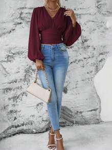 SHEIN Clasi Camisa de manga larga con cintura acaparada y recogida en un solo color