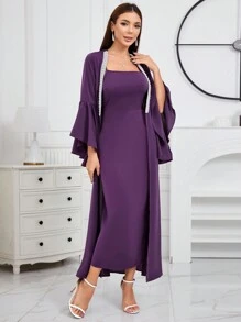 Modelyn Ladies' Spaghetti Strap Dress And Faux Pearl Woven Belted Flare Sleeve Jacket Two-Piece Set - Purple - View 3