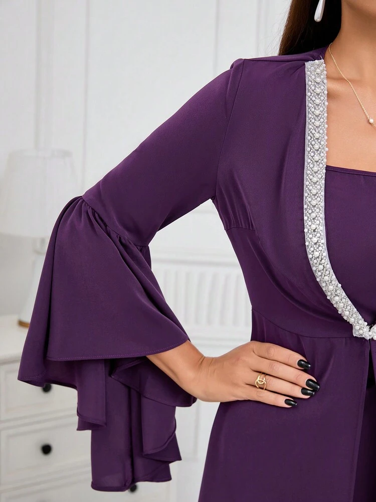 Ladies' Spaghetti Strap Dress And Faux Pearl Woven Belted Flare Sleeve Jacket Two-Piece Set