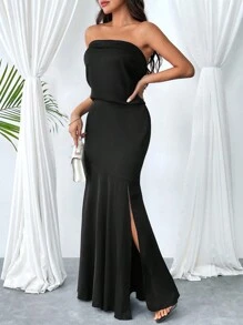 SHEIN Privé Damen Zweiteiler aus einfarbigem rückenfreiem Bandeau-Top und Meerjungfrauen-Rock mit hohem Schlitz - Schwarz - Übersicht 3