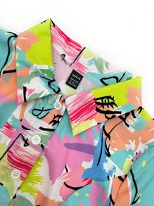 SHEIN Unity Asymmetric Hem Short Sleeve Shirt With Random Pattern,Short Sleeve Tops - Multicolor - View 3