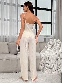 Women's Jacquard Pattern Spaghetti Strap Cami Top And Long Pants Pajama Set - Apricot - View 2