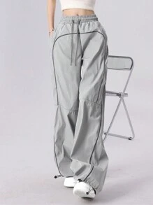 Drawstring Waist Wide Leg Trousers - Grey - View 1