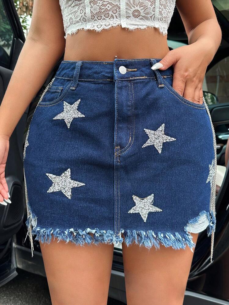 Denim Skirt With Fringe Hem, Star Pattern Rhinestone Decorated