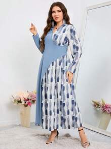 Modelyn Plus Size Printed Patchwork Wrap Dress - Multicolor - View 5
