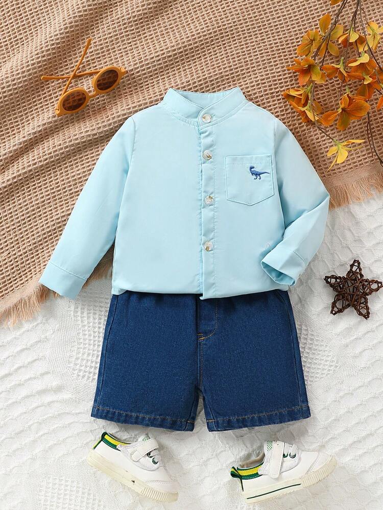 Baby Boys' Spring Summer Dinosaur Embroidered Long Sleeve Top And Washed Denim Shorts Fashion Outfit