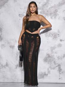 SHEIN BAE 大尺碼女裝針織短款背心上衣,破損細節處理