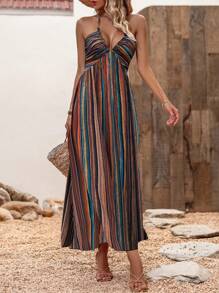 Breezaya Colorblock Striped Split Back Halterneck Dress Maxi Vacation Beach Outfits Women - Brown - View 4