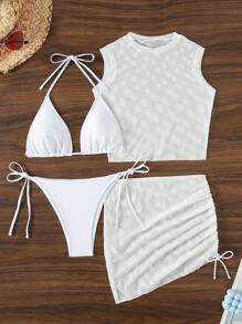 SHEIN Swim Women's Solid Color Halter Neck Bikini Set,4pcs/Set Summer Beach - White - View 3