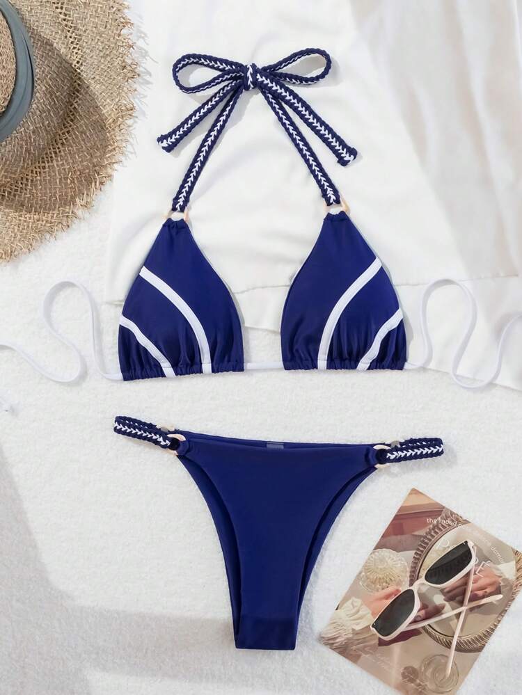 Color Block Halter Triangle Cup Bikini Set Summer