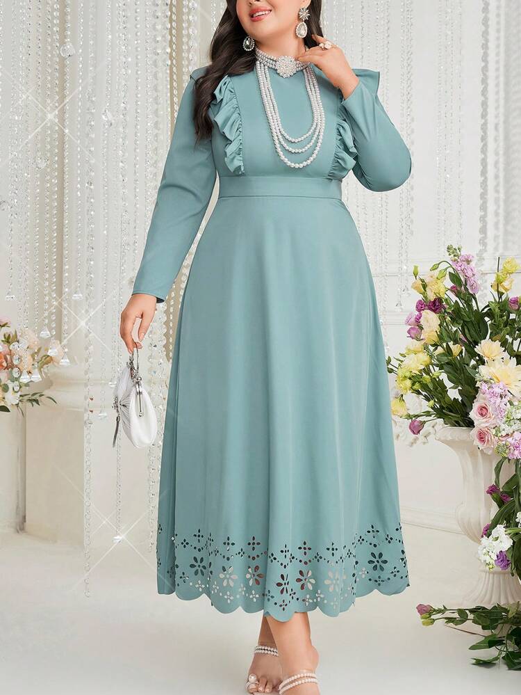 Plus Size Stand Collar Ruffle Hem Decorated Dress