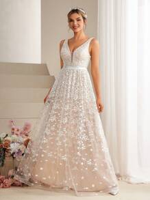 SHEIN Belle V-Neck Lace Floral Embroidery Dress - White - View 3