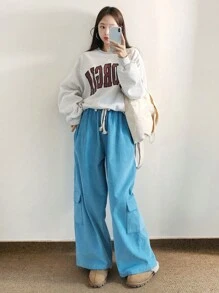 DAZY 字母圖案落肩袖運動衫 - 灰色 - 查看 4