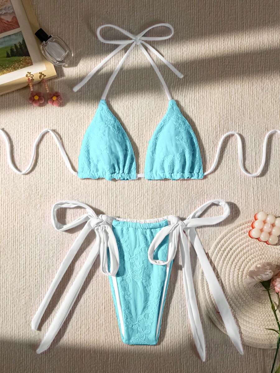 SHEIN Swim Solid Color Textured Halter Neck Bikini Set Summer - Blue - View 1