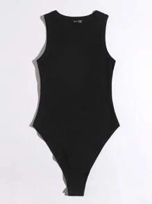 SHEIN EZwear 纯色紧身连身衣，简约时尚休闲日常装 - 黑色 - 查看 3