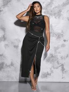 SHEIN BAE 加大尺碼女性性感分叉閃爍鏈子細節黑色短裙,適用於派對、約會夜晚和日常穿著 - 黑色 - 查看 3