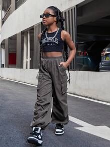 SHEIN Cô gái Tween Giải trí Eo đàn hồi Màu thuần Người chạy bộ Quần Cargo Với Đàn hồi Cổ tay áo Cho mùa hè - Xám - Xem 3