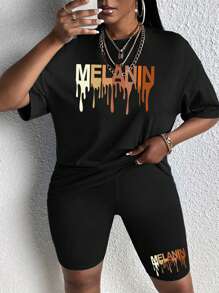 SHEIN Slayr Women's Letter Pattern Drop Shoulder Sleeve T-Shirt And Shorts Set - Black - View 4