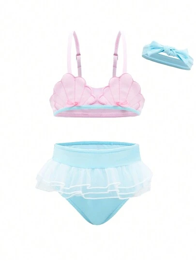 SHEIN GraphicGems 寶寶女孩泳衣套裝，貝殼形荷葉泳衣和泳衣裙，沙灘裝
